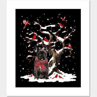 Black French Bulldog Scarf Cardinal Snow Christmas Posters and Art